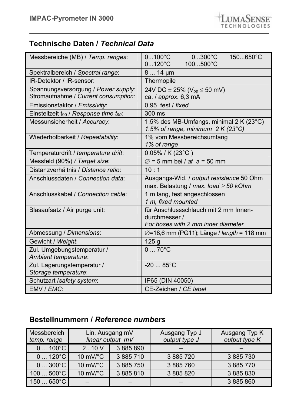 Technische daten / technical data, Bestellnummern / reference numbers | LumaSense Technologies IN 3000 User Manual | Page 3 / 4