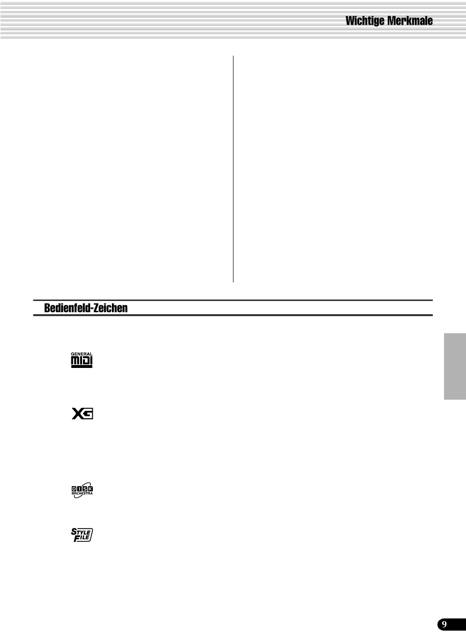 Wichtige merkmale bedienfeld-zeichen | Yamaha PSR-540 User Manual | Page 10 / 161