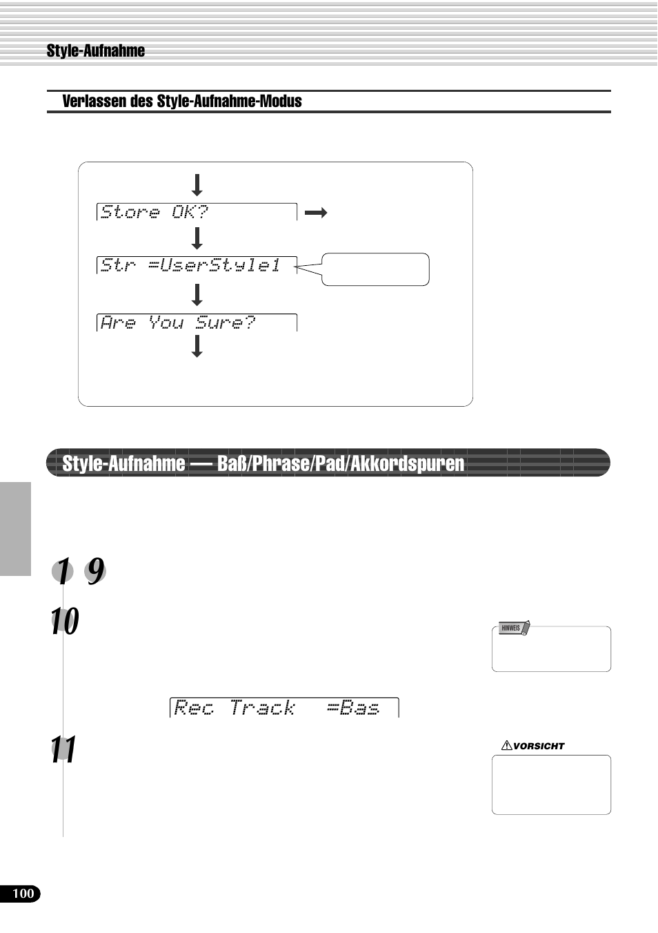 Style-aufnahme — baß/phrase/pad/akkordspuren, Rec track =bas | Yamaha PSR-540 User Manual | Page 101 / 161