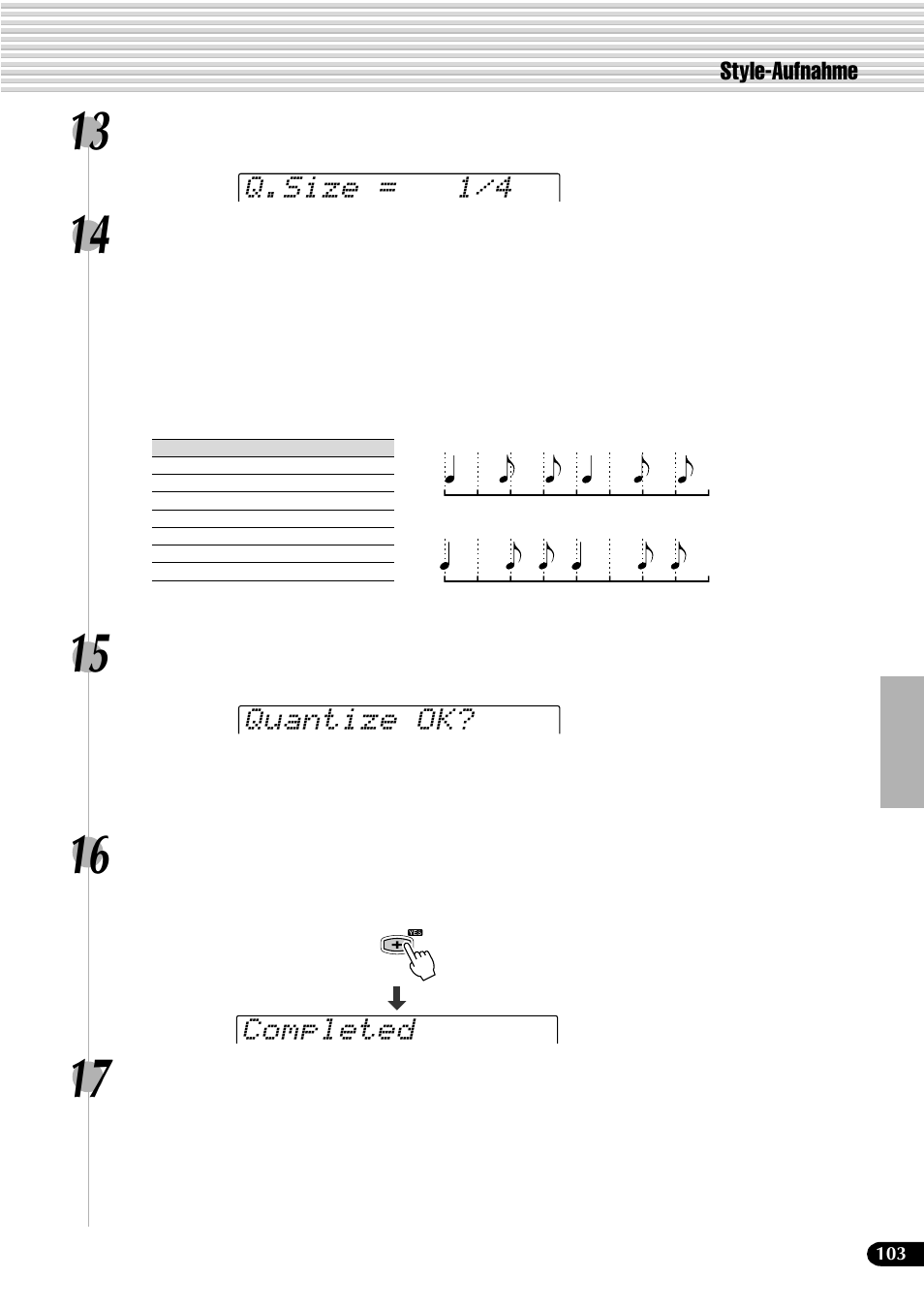 Q.size = 1/4 quantize ok, Completed, Style-aufnahme | Yamaha PSR-540 User Manual | Page 104 / 161