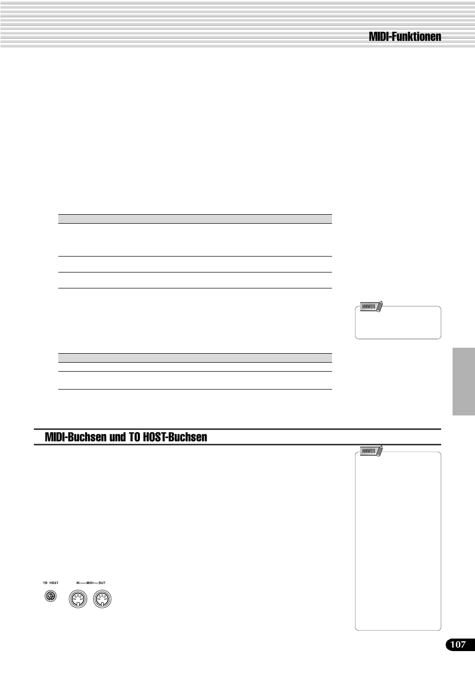 Midi-funktionen, Midi-buchsen und to host-buchsen | Yamaha PSR-540 User Manual | Page 108 / 161