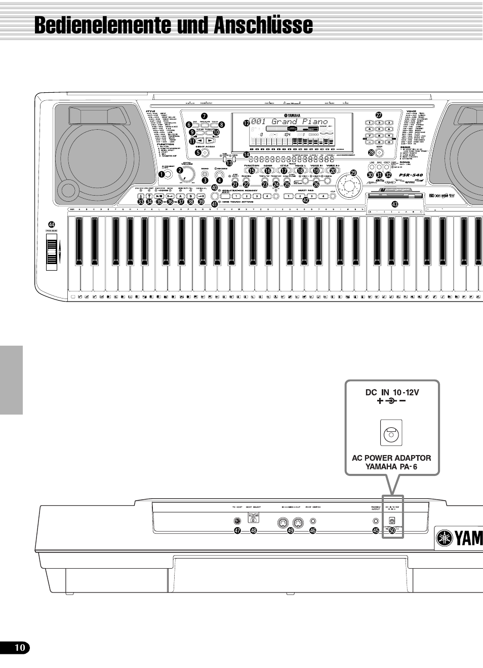 Bedienelemente und anschlüsse | Yamaha PSR-540 User Manual | Page 11 / 161