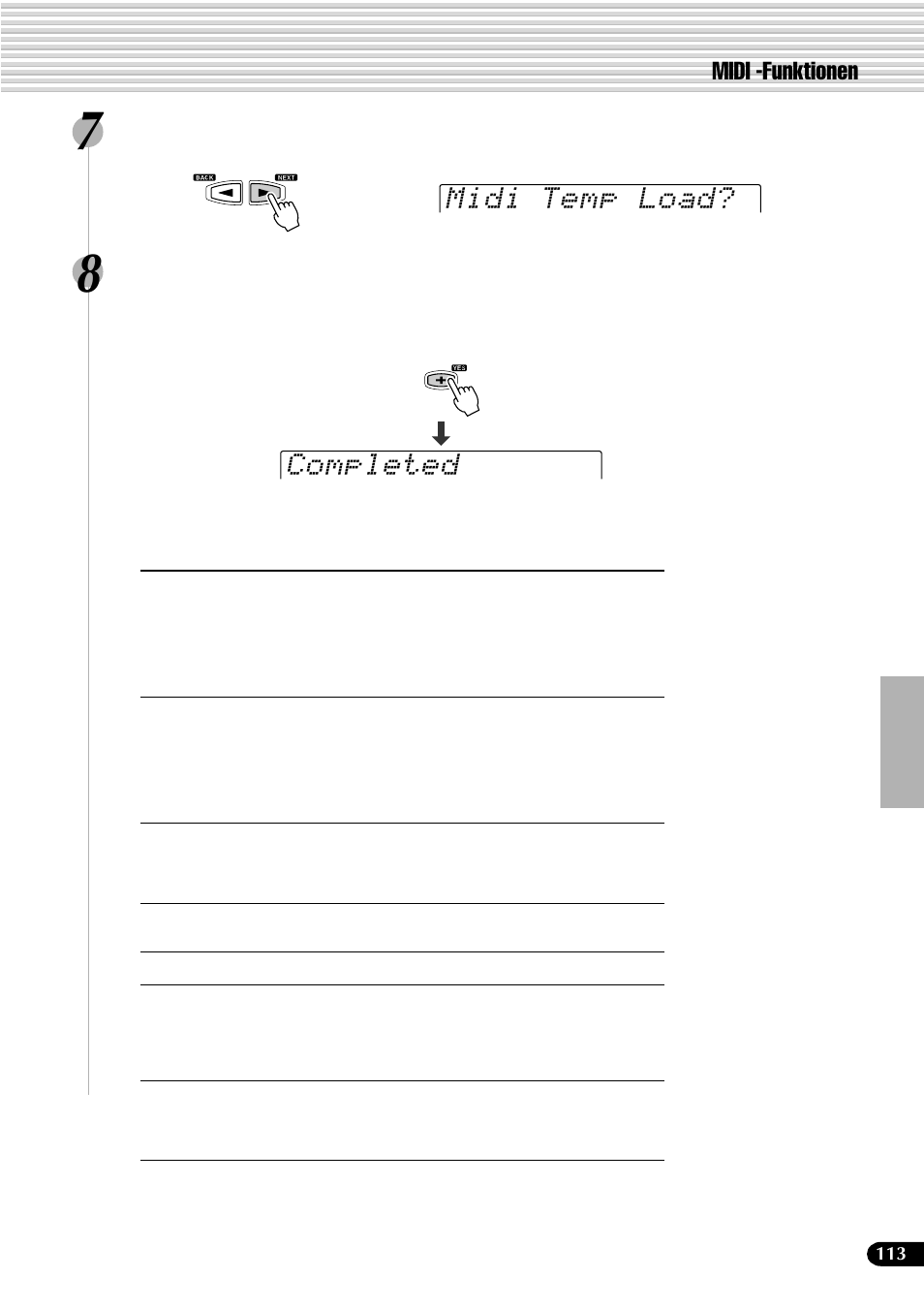 Midi temp load, Completed, Midi -funktionen | Yamaha PSR-540 User Manual | Page 114 / 161