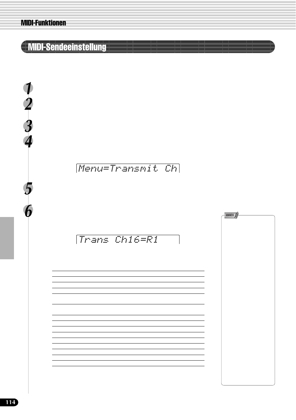 Midi-sendeeinstellung, Menu=transmit ch trans ch16=r1, Midi-funktionen | Yamaha PSR-540 User Manual | Page 115 / 161