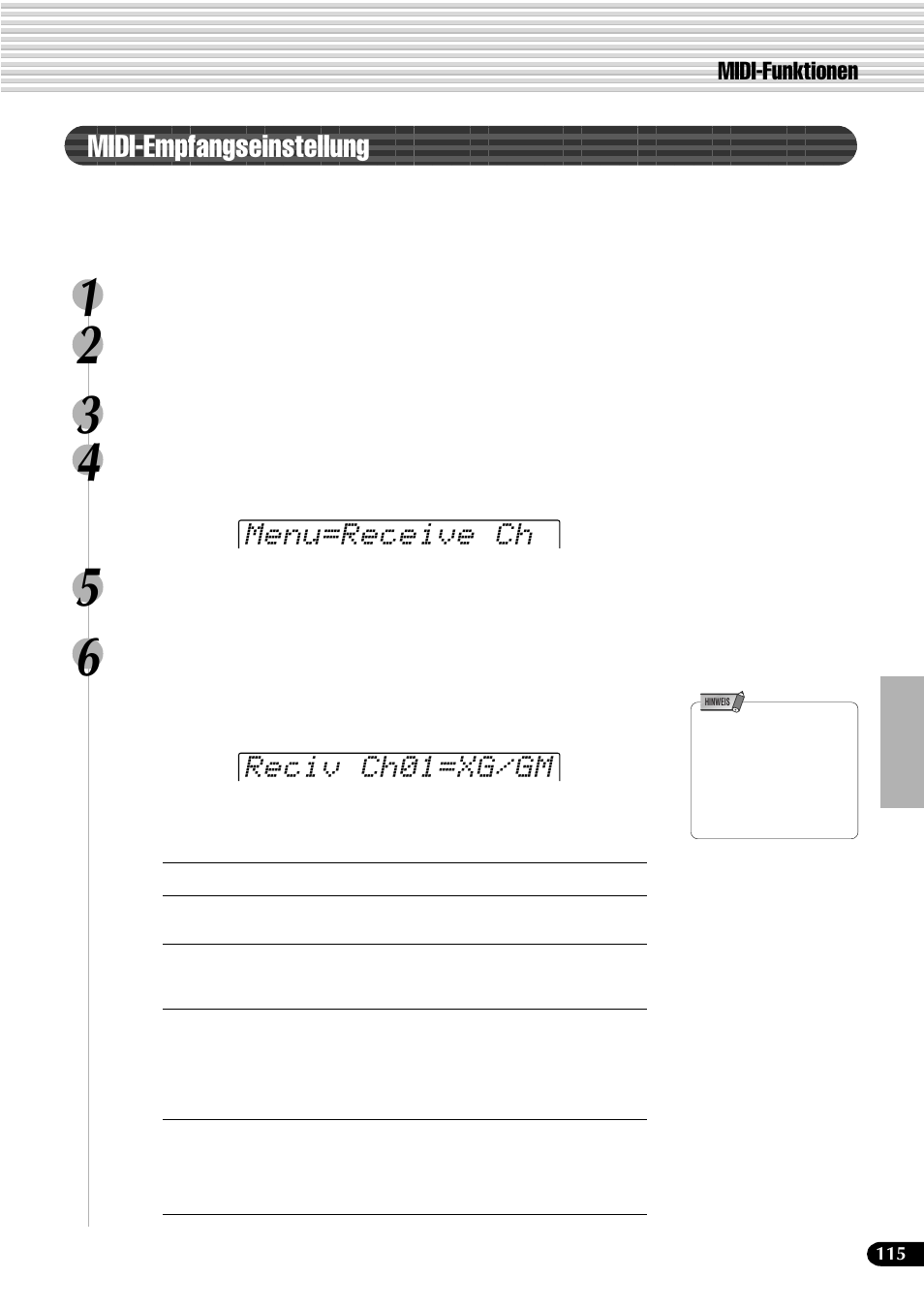 Midi-empfangseinstellung, Menu=receive ch reciv ch01=xg/gm | Yamaha PSR-540 User Manual | Page 116 / 161