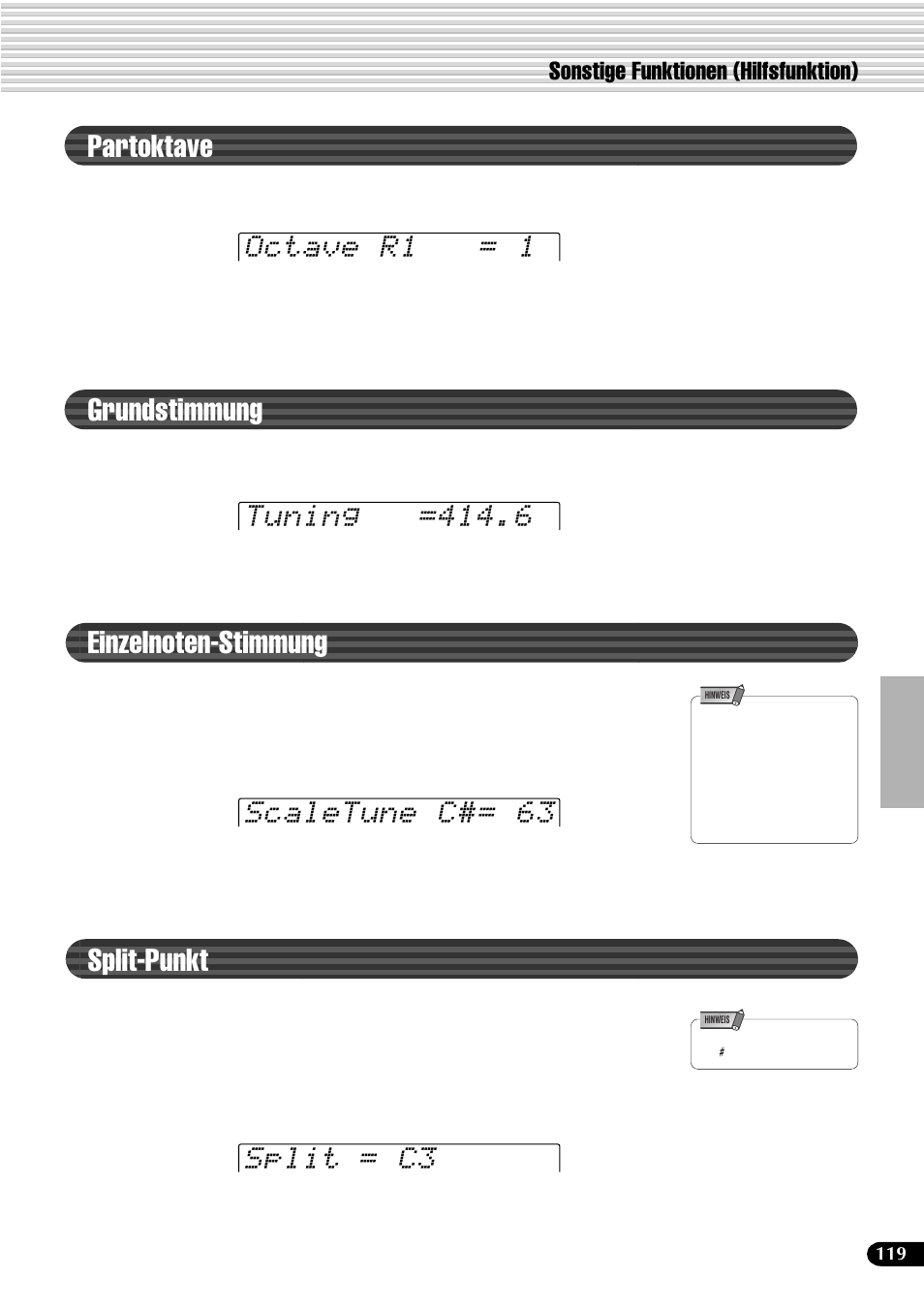 Partoktave, Grundstimmung, Split-punkt | Sonstige funktionen (hilfsfunktion) | Yamaha PSR-540 User Manual | Page 120 / 161