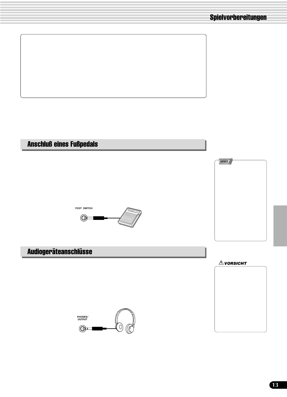 Spielvorbereitungen, Anschluß eines fußpedals, Audiogeräteanschlüsse | Foot switch-buchse, Phones/output-buchse | Yamaha PSR-540 User Manual | Page 14 / 161