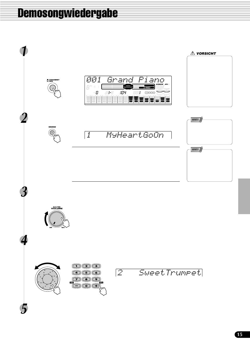 Demosongwiedergabe, 001 grand piano, 2sweettrumpet | 1myheartgoon, Springen sie zum anfang eines anderen demosongs | Yamaha PSR-540 User Manual | Page 16 / 161