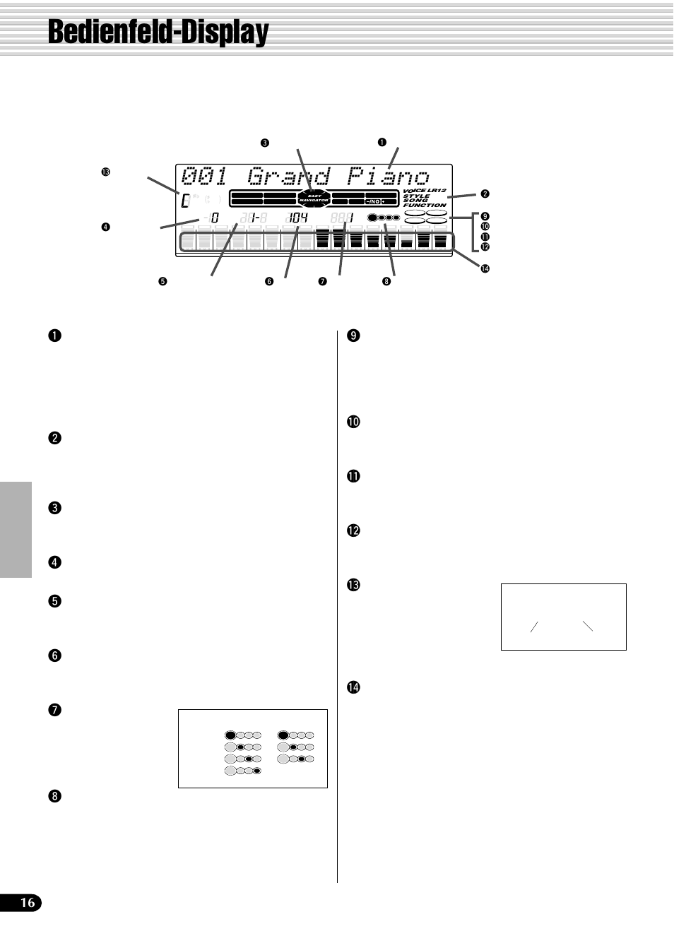 Bedienfeld-display, 001 grand piano, Qmenü/meldungsdisplay | Wmenüanzeige, Eeasy navigator, Rtranspose, Tregistration-banknummer, Ytempo, Umeasure, Itaktschlaganzeigen | Yamaha PSR-540 User Manual | Page 17 / 161
