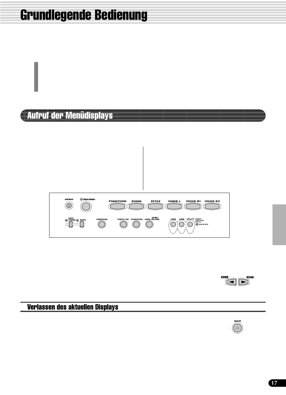 Grundlegende bedienung, Aufruf der menüdisplays, Verlassen des aktuellen displays | Yamaha PSR-540 User Manual | Page 18 / 161