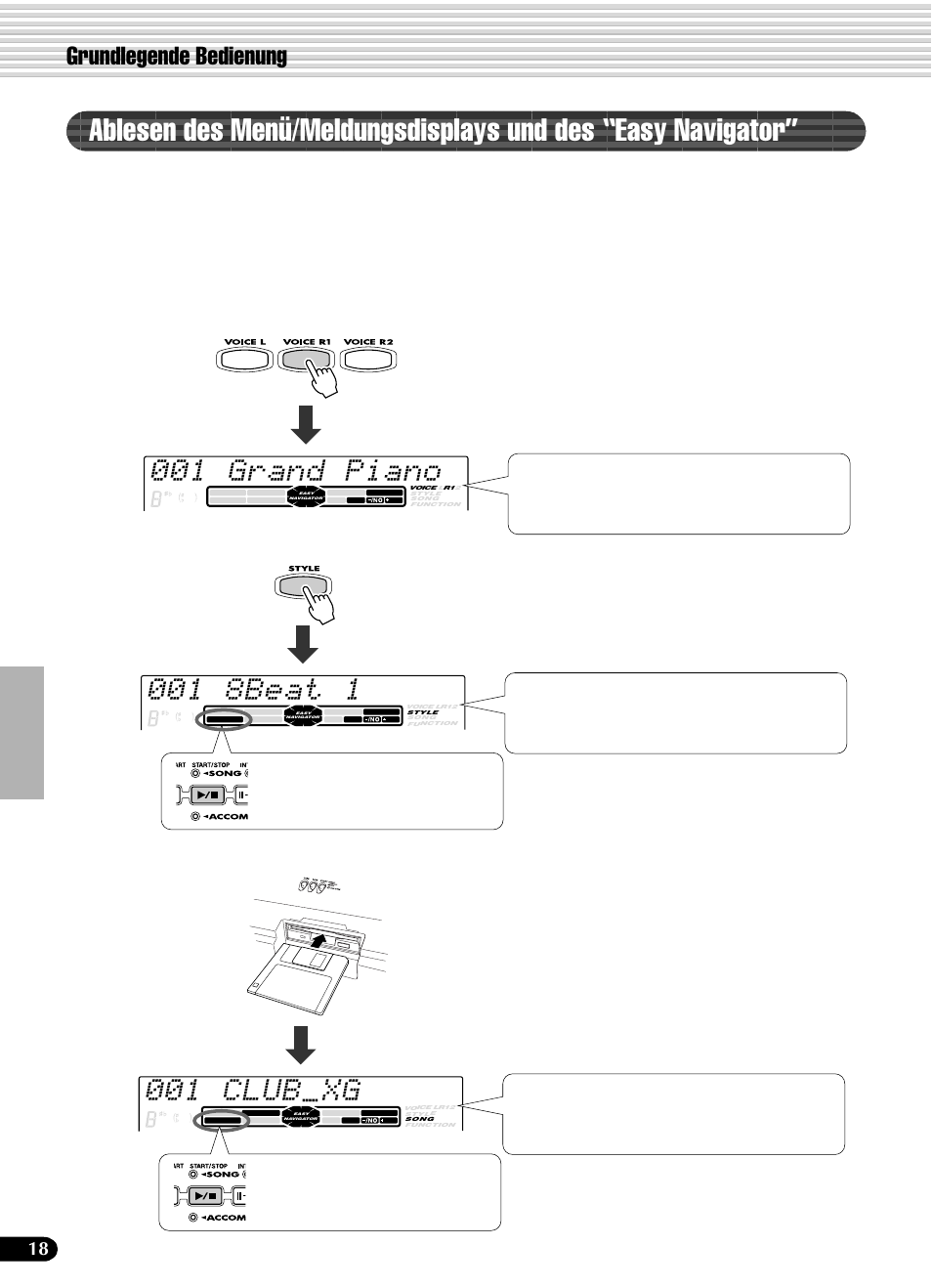001 grand piano, 001 club xg, Grundlegende bedienung | Voice ● style ● song | Yamaha PSR-540 User Manual | Page 19 / 161