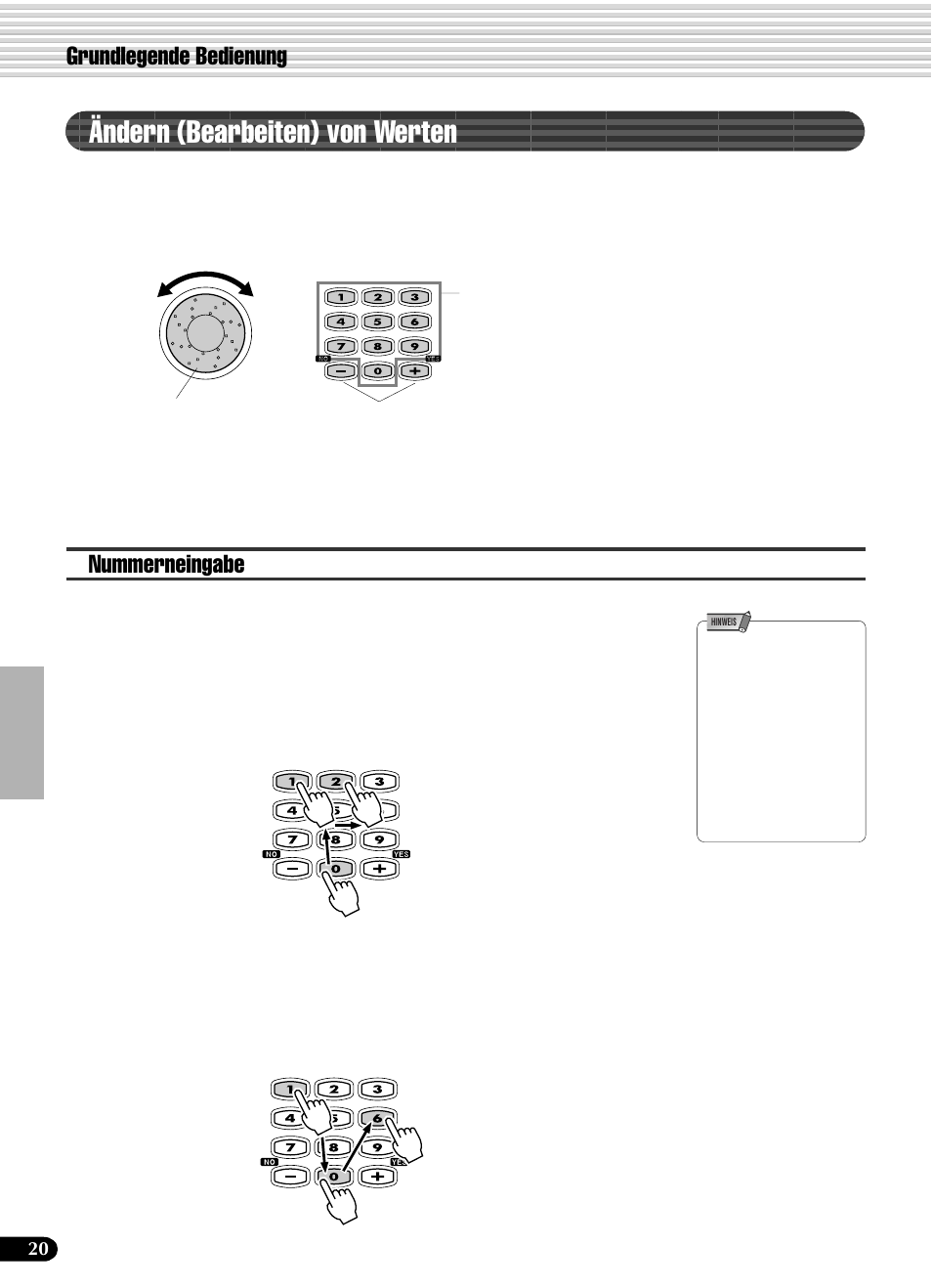 Ändern (bearbeiten) von werten, Nummerneingabe, Grundlegende bedienung | Yamaha PSR-540 User Manual | Page 21 / 161