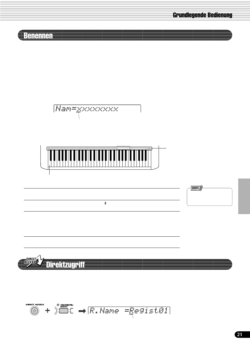 Benennen, Direktzugriff, R.name =regist01 | Grundlegende bedienung | Yamaha PSR-540 User Manual | Page 22 / 161