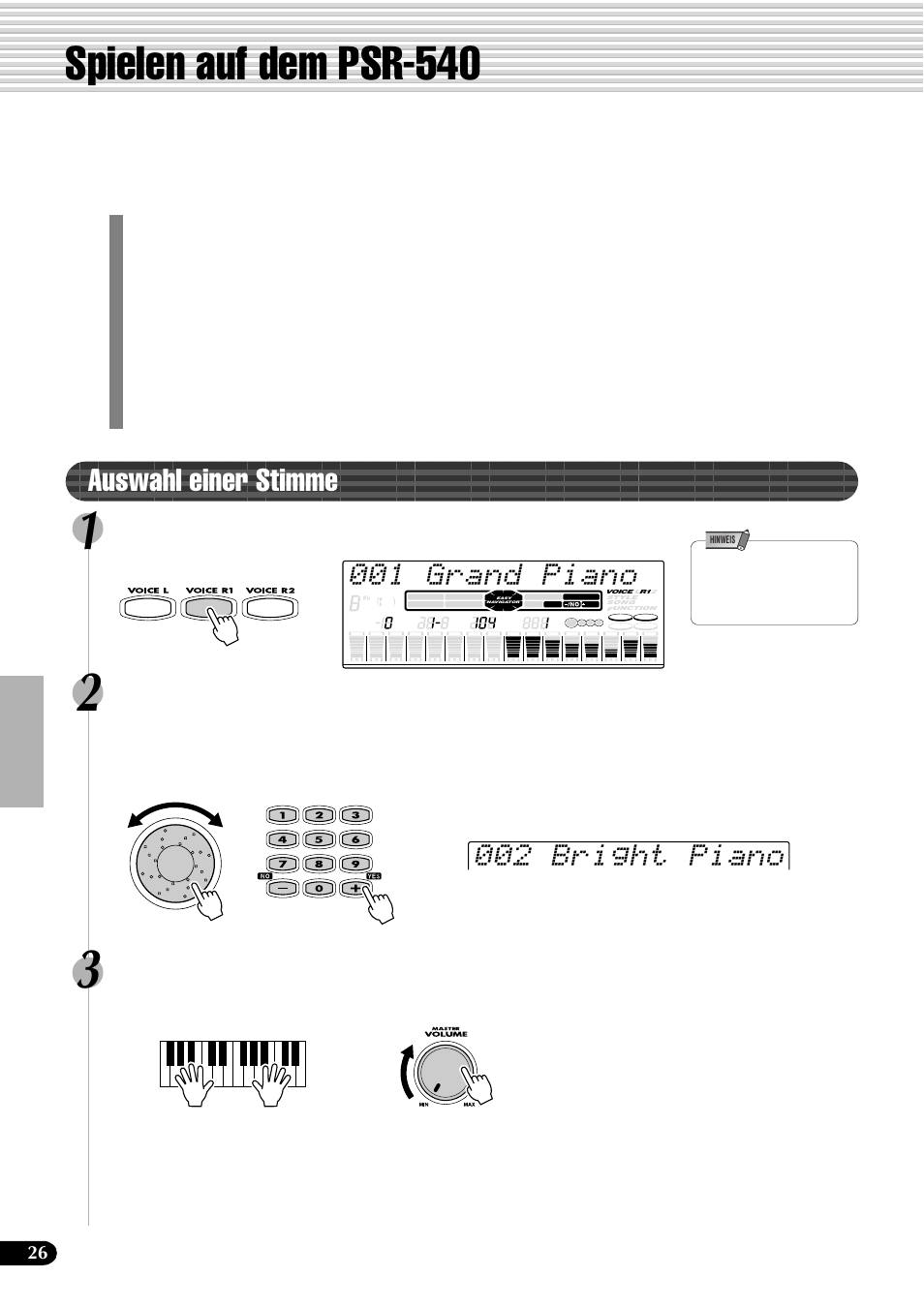Spielen auf dem psr-540, Auswahl einer stimme, 001 grand piano | 002 bright piano, Drücken sie die taste [voice r1, Wählen sie eine stimme | Yamaha PSR-540 User Manual | Page 27 / 161
