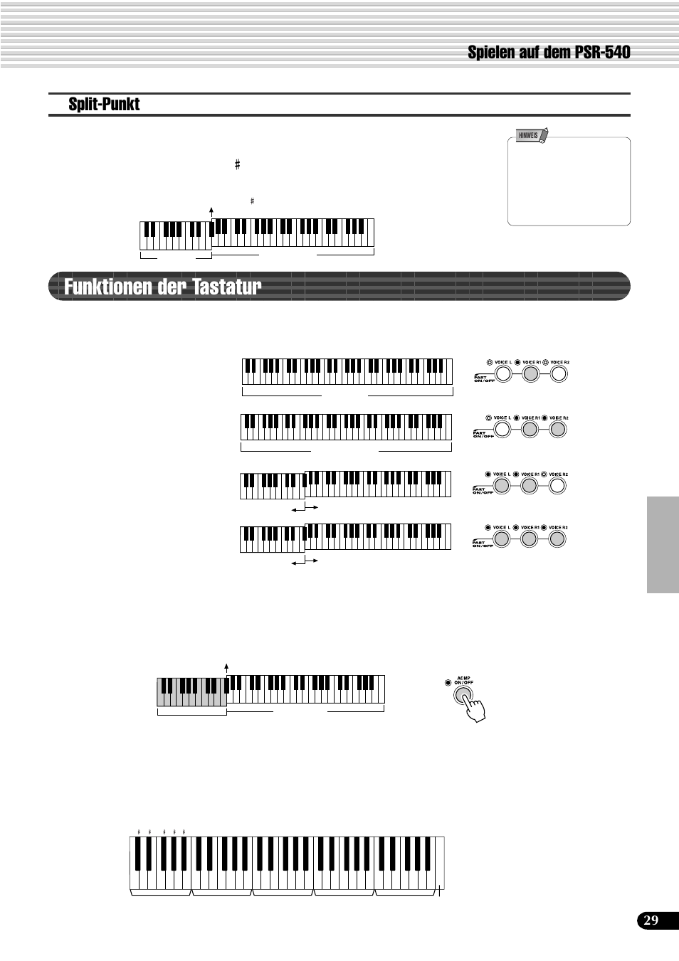 Funktionen der tastatur, Split-punkt, Spielen auf dem psr-540 | Yamaha PSR-540 User Manual | Page 30 / 161