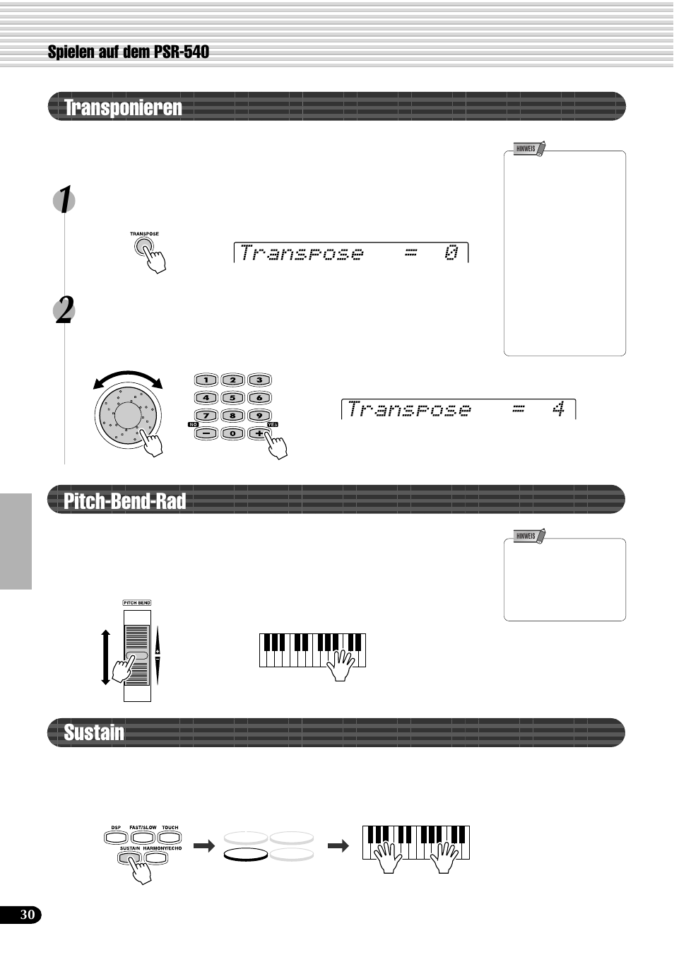 Transponieren, Pitch-bend-rad, Sustain | Transpose = 0 transpose = 4, Spielen auf dem psr-540 | Yamaha PSR-540 User Manual | Page 31 / 161