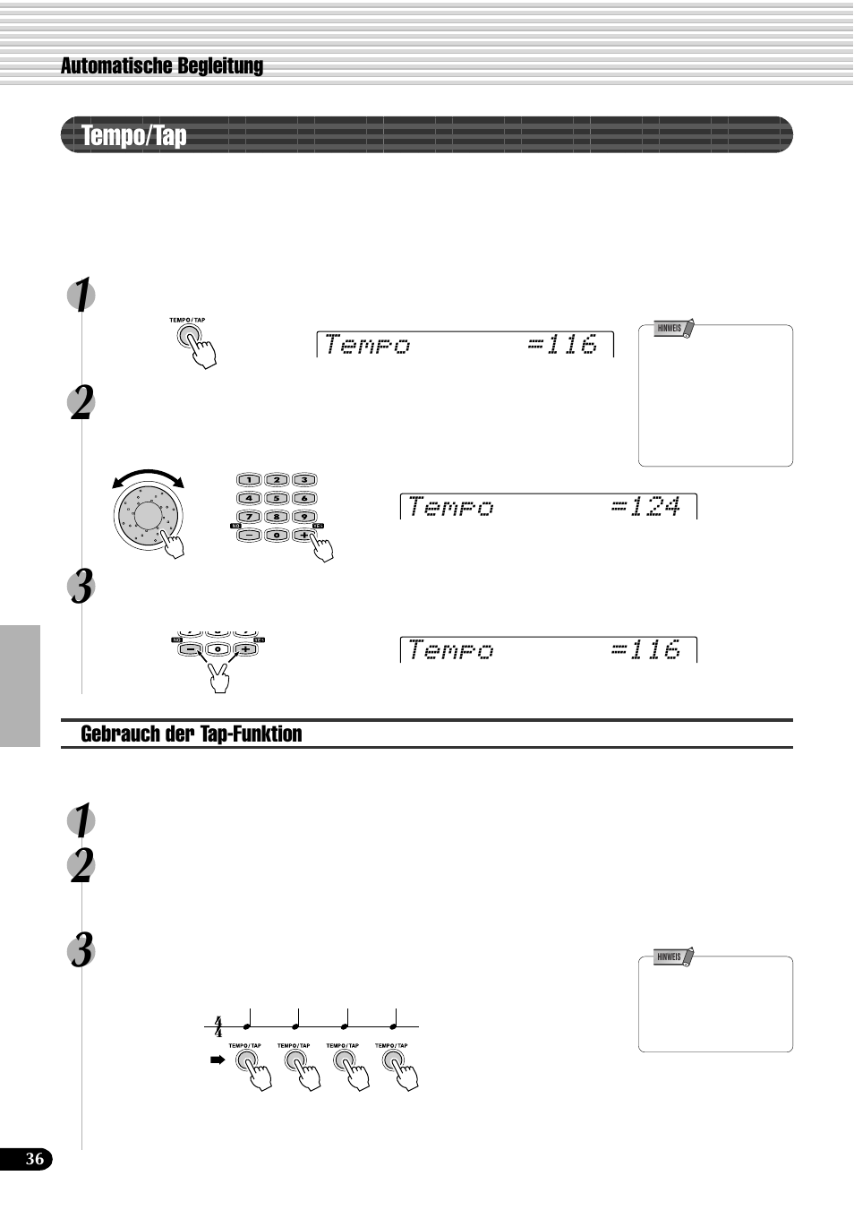 Tempo/tap | Yamaha PSR-540 User Manual | Page 37 / 161