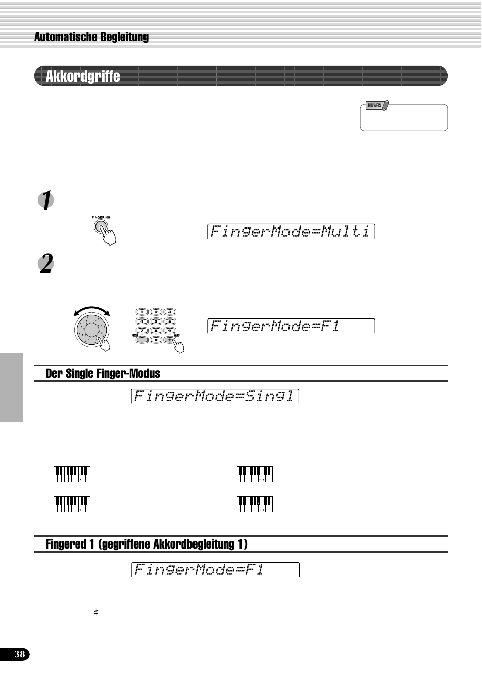 Akkordgriffe, Automatische begleitung, Der single finger-modus | Fingered 1 (gegriffene akkordbegleitung 1) | Yamaha PSR-540 User Manual | Page 39 / 161