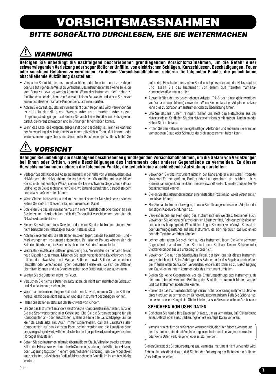 Vorsichtsmassnahmen, Vorsicht, Bitte sorgfältig durchlesen, ehe sie weitermachen | Warnung | Yamaha PSR-540 User Manual | Page 4 / 161