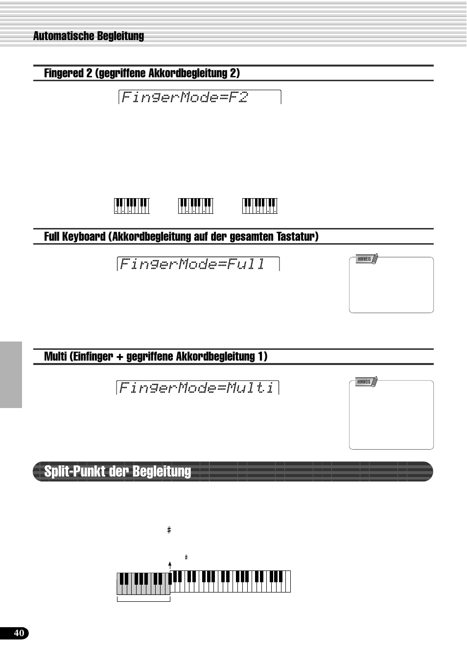 Split-punkt der begleitung, Fingermode=f2, Fingermode=full fingermode=multi | Multi (einfinger + gegriffene akkordbegleitung 1) | Yamaha PSR-540 User Manual | Page 41 / 161