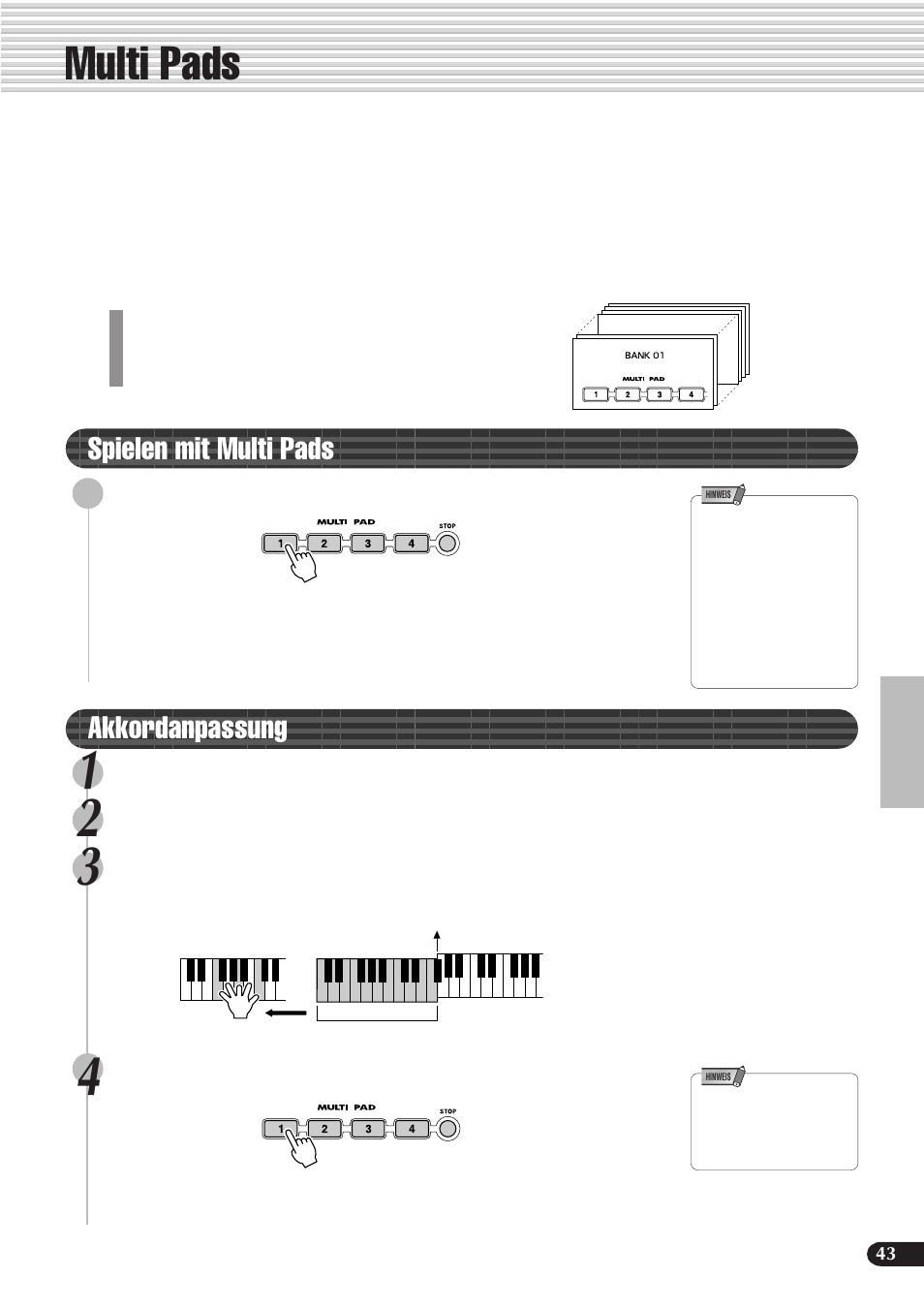 Multi pads, Spielen mit multi pads, Akkordanpassung | Yamaha PSR-540 User Manual | Page 44 / 161