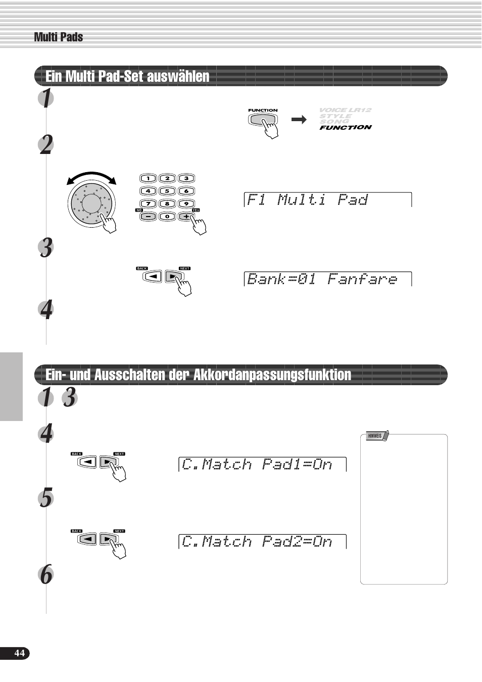 Ein multi pad-set auswählen, Ein- und ausschalten der akkordanpassungsfunktion | Yamaha PSR-540 User Manual | Page 45 / 161