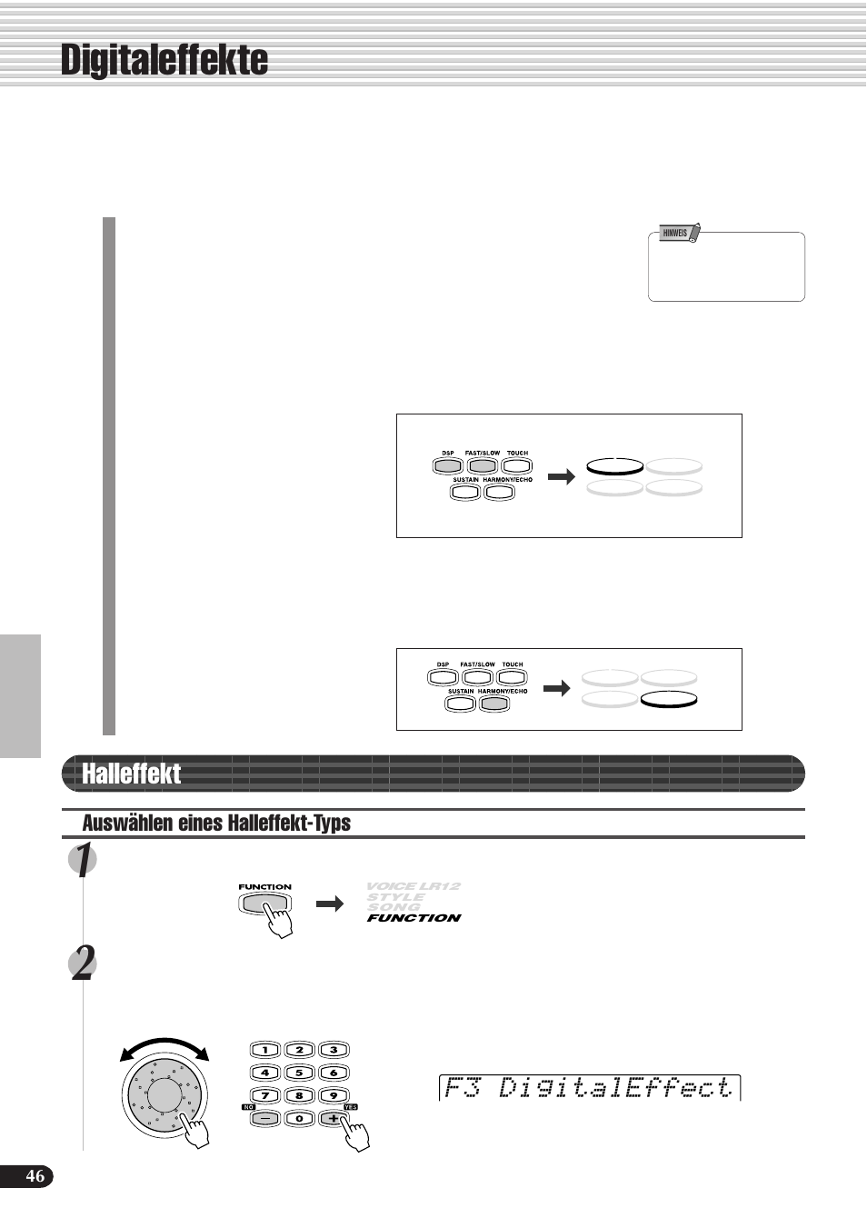 Digitaleffekte, Halleffekt, F3 digitaleffect | Auswählen eines halleffekt-typs | Yamaha PSR-540 User Manual | Page 47 / 161