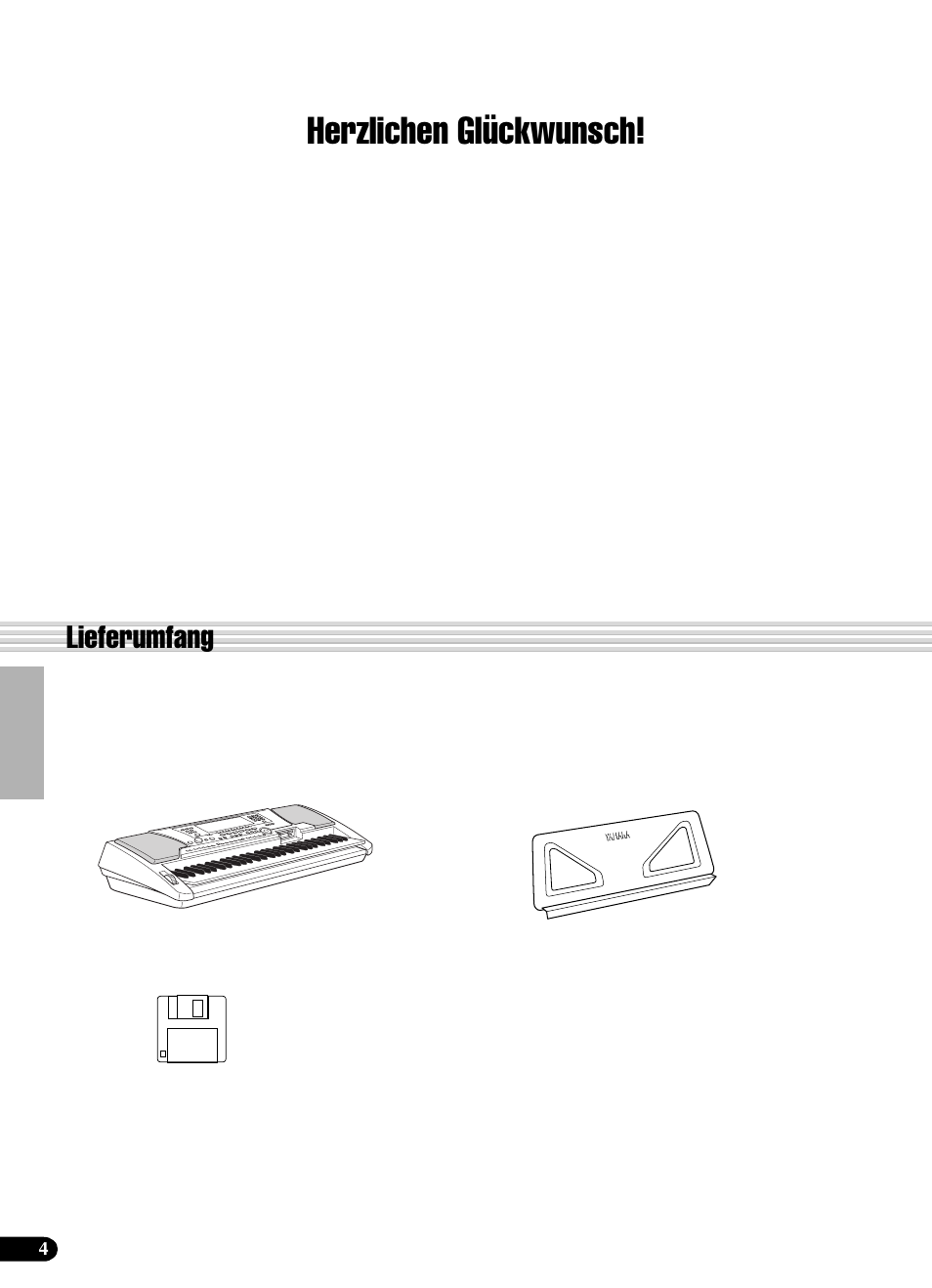 Herzlichen glückwunsch, Lieferumfang | Yamaha PSR-540 User Manual | Page 5 / 161