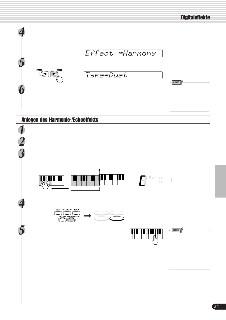 Type=duet effect =harmony, Digitaleffekte, Anlegen des harmonie-/echoeffekts | Yamaha PSR-540 User Manual | Page 52 / 161