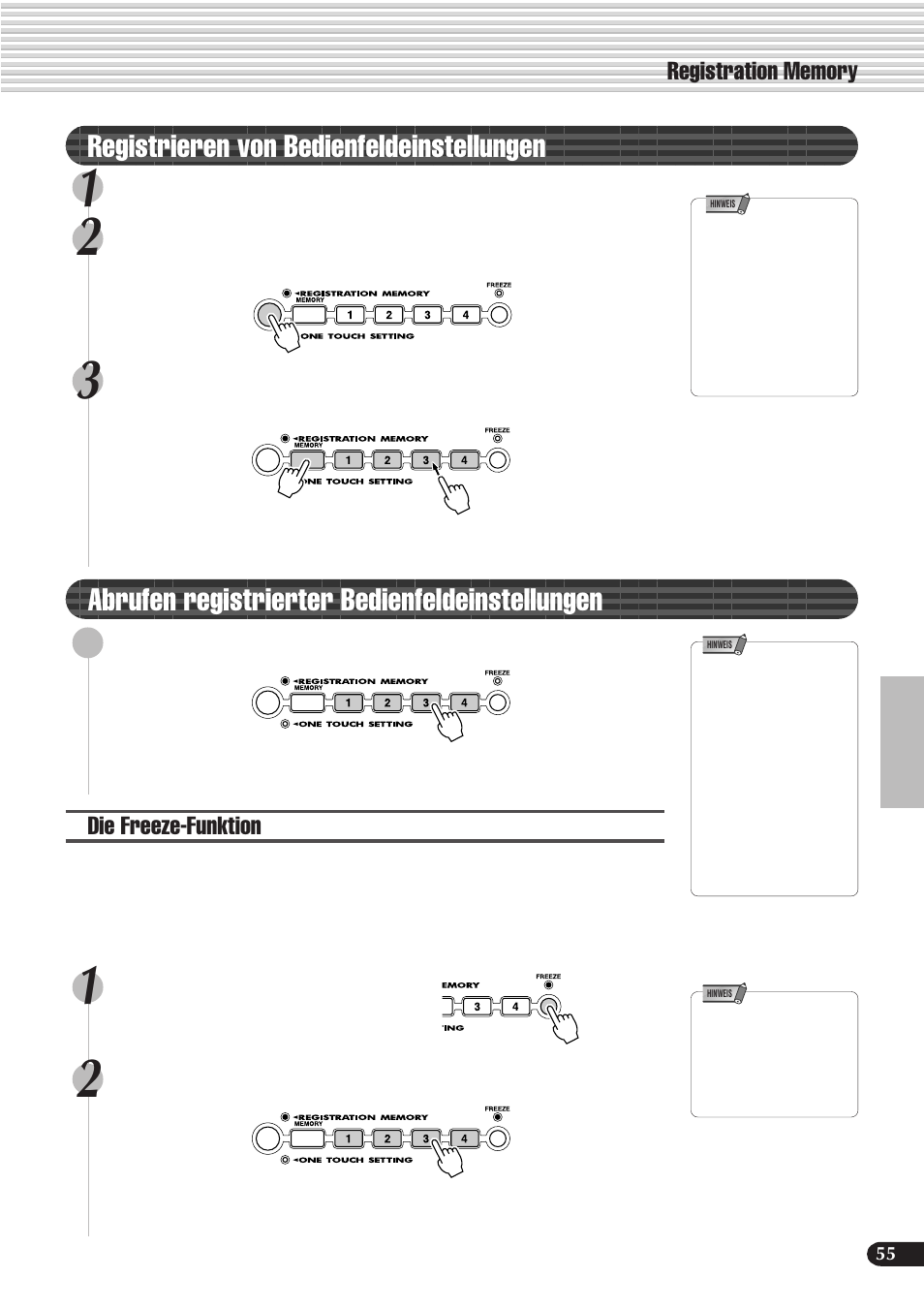 Registrieren von bedienfeldeinstellungen, Abrufen registrierter bedienfeldeinstellungen | Yamaha PSR-540 User Manual | Page 56 / 161