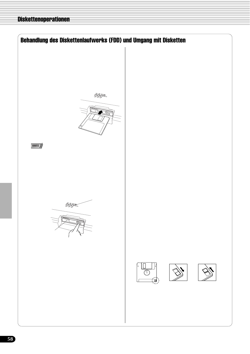 Diskettenoperationen, Verwendbare diskettentypen, Einlegen und auswerfen von disketten | Reinigen des schreib-/lesekopfes, Über disketten | Yamaha PSR-540 User Manual | Page 59 / 161