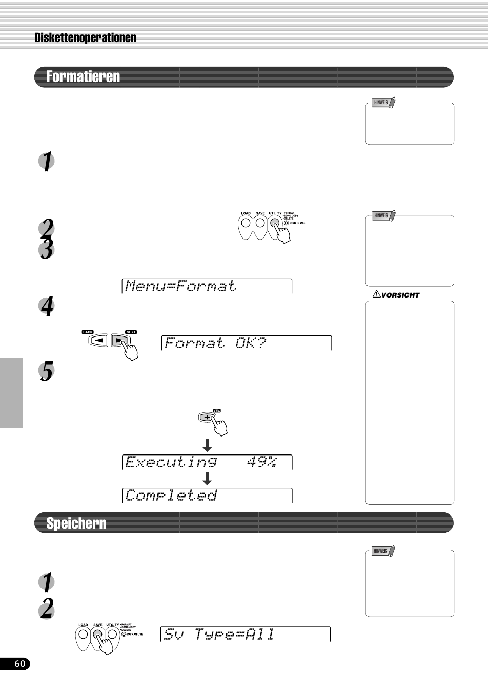 Formatieren, Speichern, Menu=format format ok? sv type=all | Executing 49% completed | Yamaha PSR-540 User Manual | Page 61 / 161