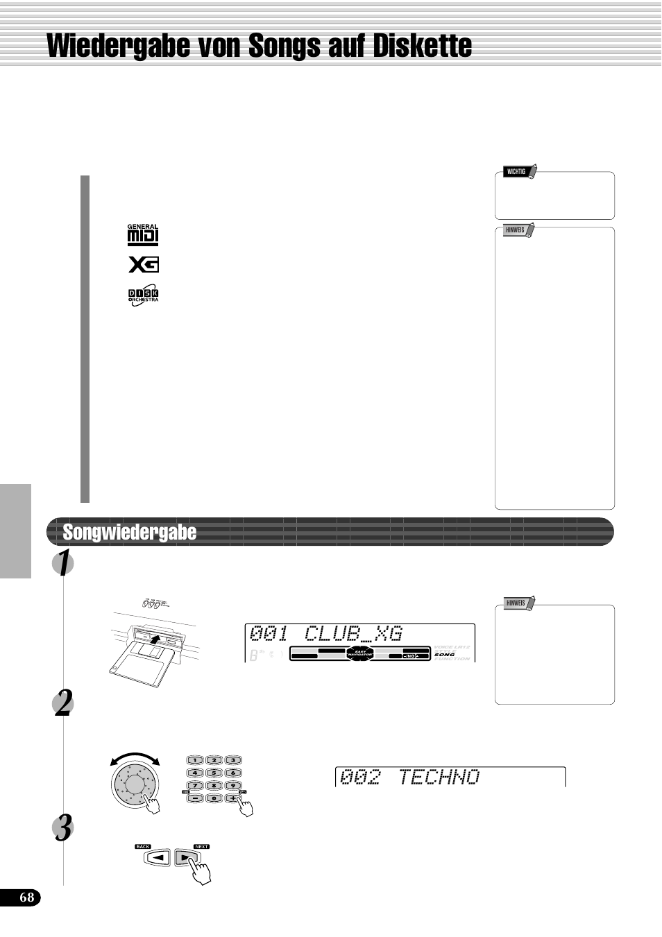 Wiedergabe von songs auf diskette, Songwiedergabe, 002 techno | 001 club xg, Wählen sie den gewünschten song | Yamaha PSR-540 User Manual | Page 69 / 161