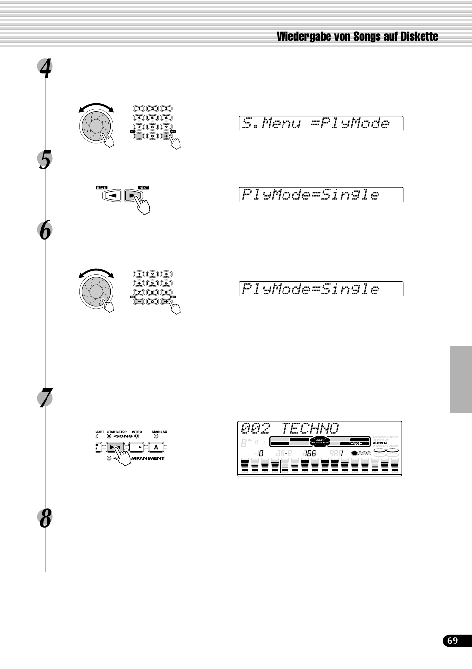 002 techno, S.menu =plymode plymode=single plymode=single, Wiedergabe von songs auf diskette | Wählen sie “plymode, Wählen sie den gewünschten wiedergabemodus | Yamaha PSR-540 User Manual | Page 70 / 161