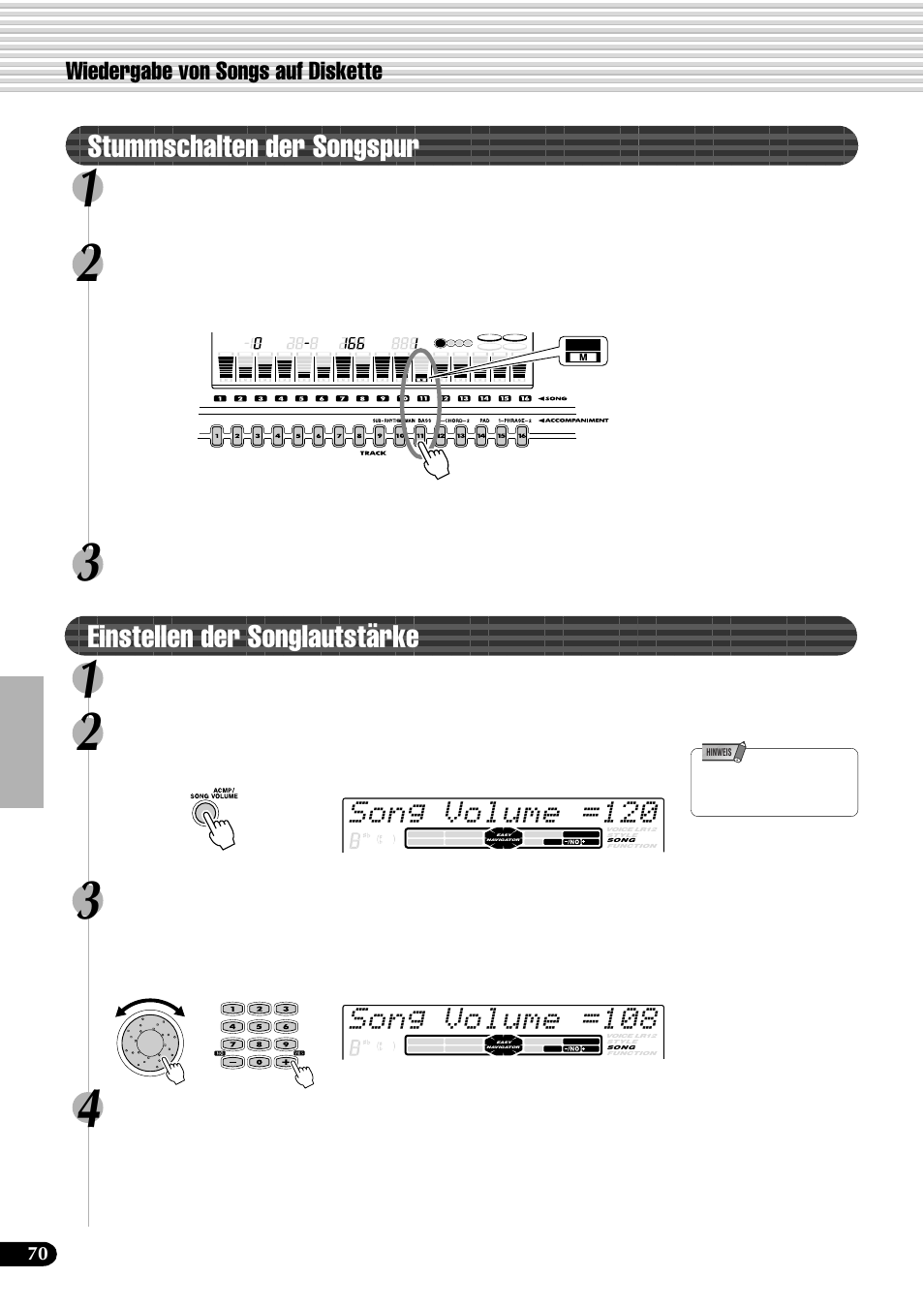 Stummschalten der songspur, Einstellen der songlautstärke, Song volume =120 | Song volume =108, Wiedergabe von songs auf diskette, Drücken sie die taste [acmp/song | Yamaha PSR-540 User Manual | Page 71 / 161