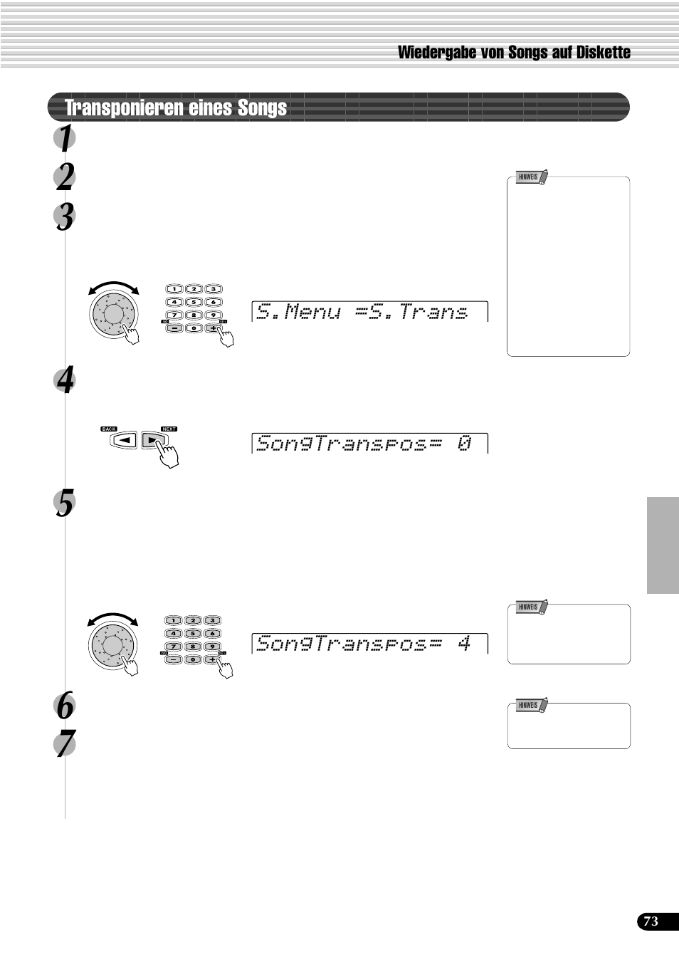 Transponieren eines songs, Songtranspos= 0 s.menu =s.trans songtranspos= 4 | Yamaha PSR-540 User Manual | Page 74 / 161