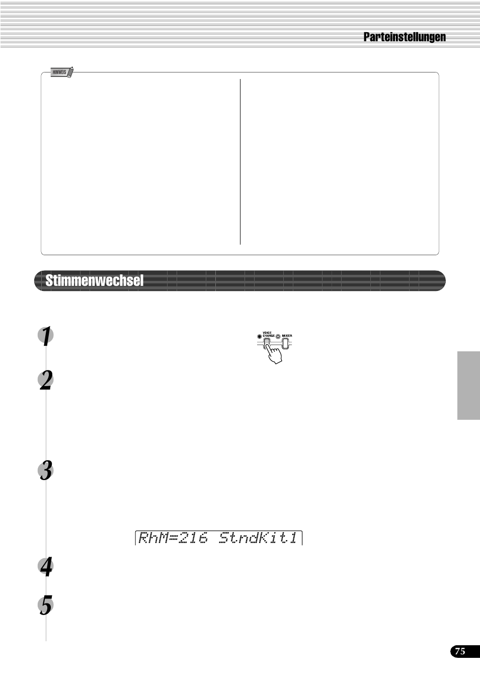 Stimmenwechsel, Rhm=216 stndkit1, Parteinstellungen | Yamaha PSR-540 User Manual | Page 76 / 161