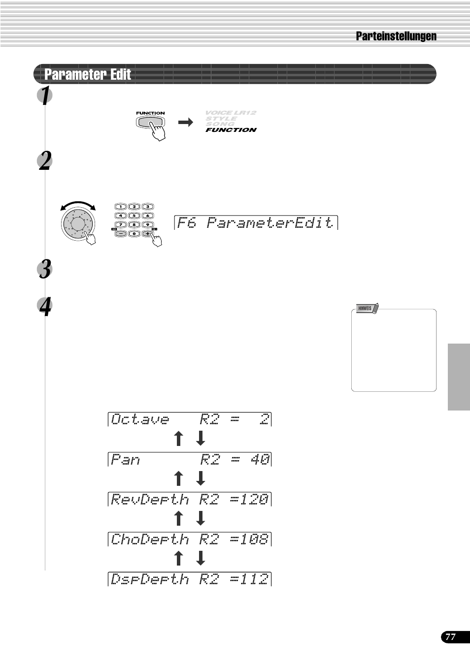 Parameter edit | Yamaha PSR-540 User Manual | Page 78 / 161