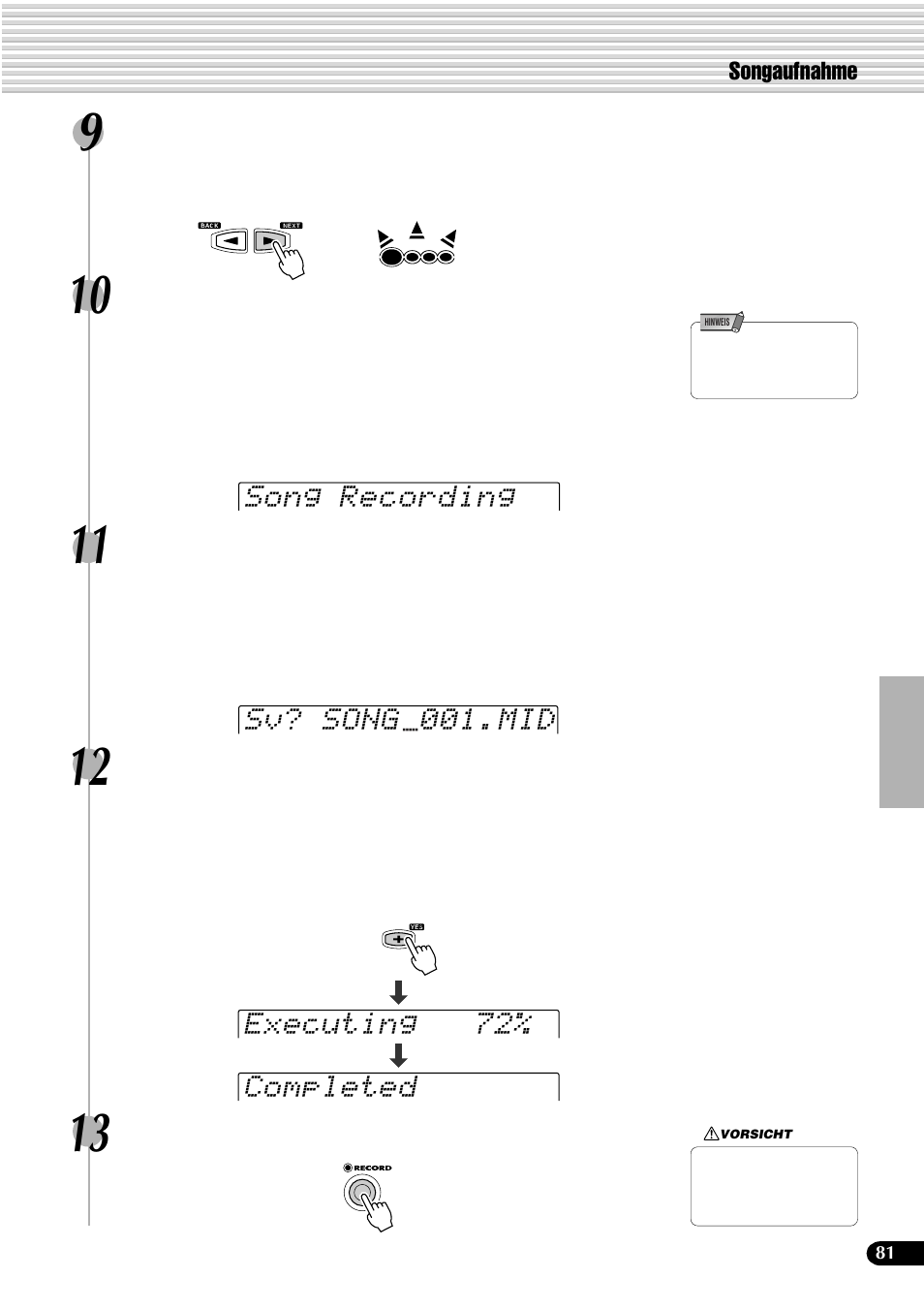 Song recording sv? song 001.mid, Executing 72% completed | Yamaha PSR-540 User Manual | Page 82 / 161