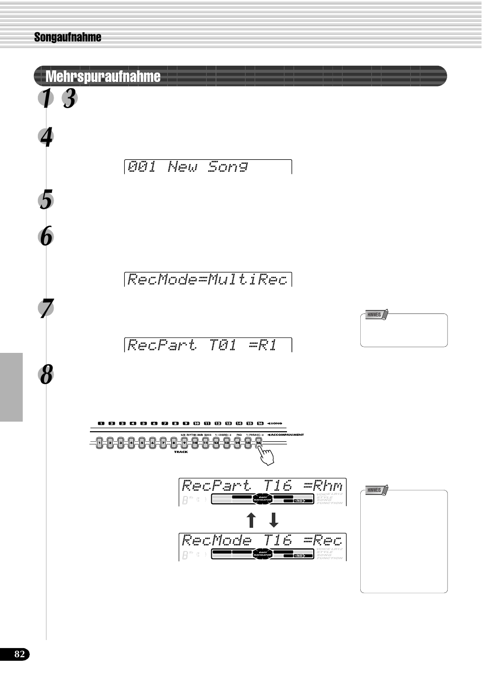 Mehrspuraufnahme, Recpart t16 =rhm, Recmode t16 =rec | Songaufnahme, Wählen sie die funktion “multirec | Yamaha PSR-540 User Manual | Page 83 / 161