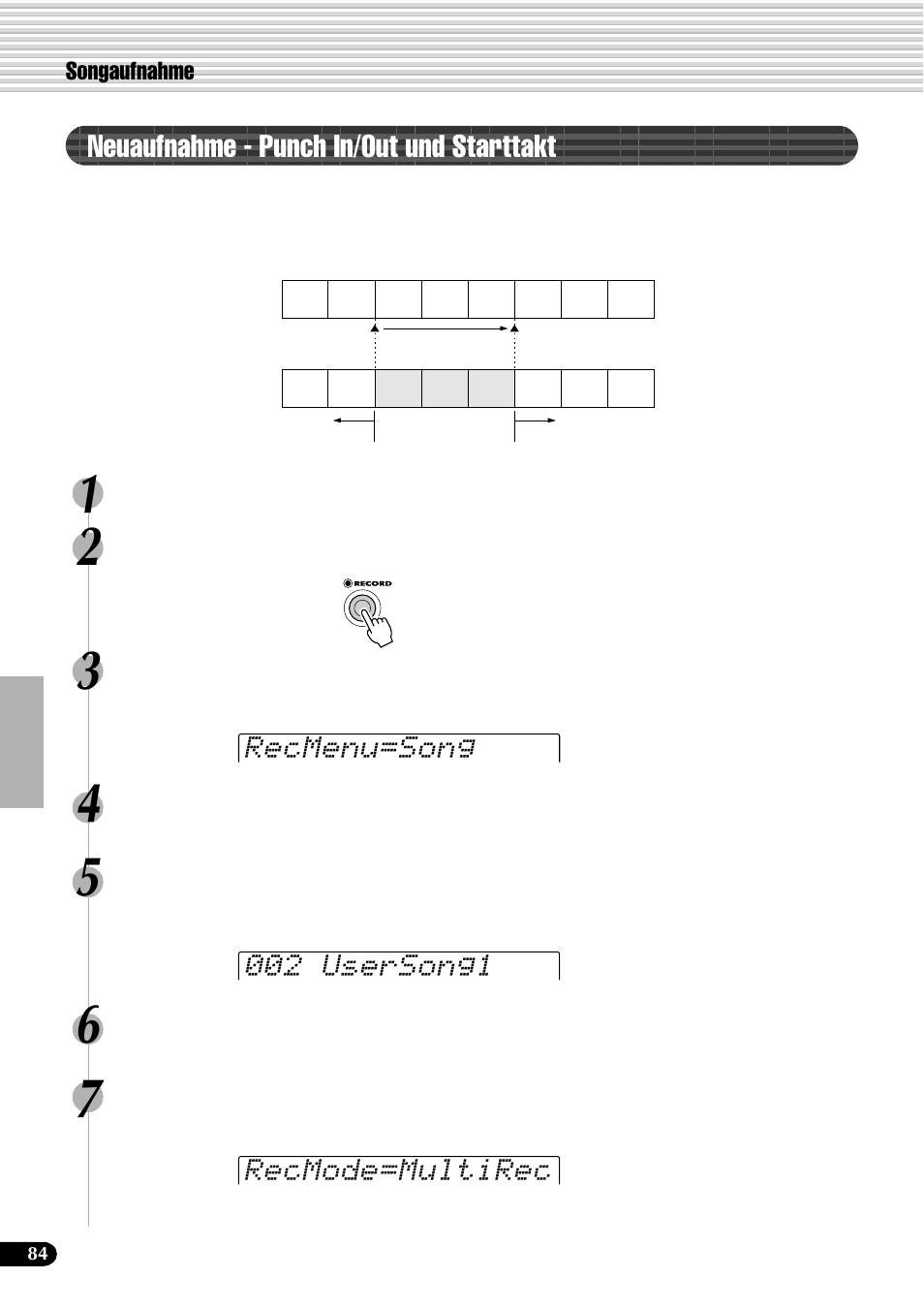 Neuaufnahme - punch in/out und starttakt, Recmenu=song 002 usersong1 recmode=multirec, Songaufnahme | Yamaha PSR-540 User Manual | Page 85 / 161