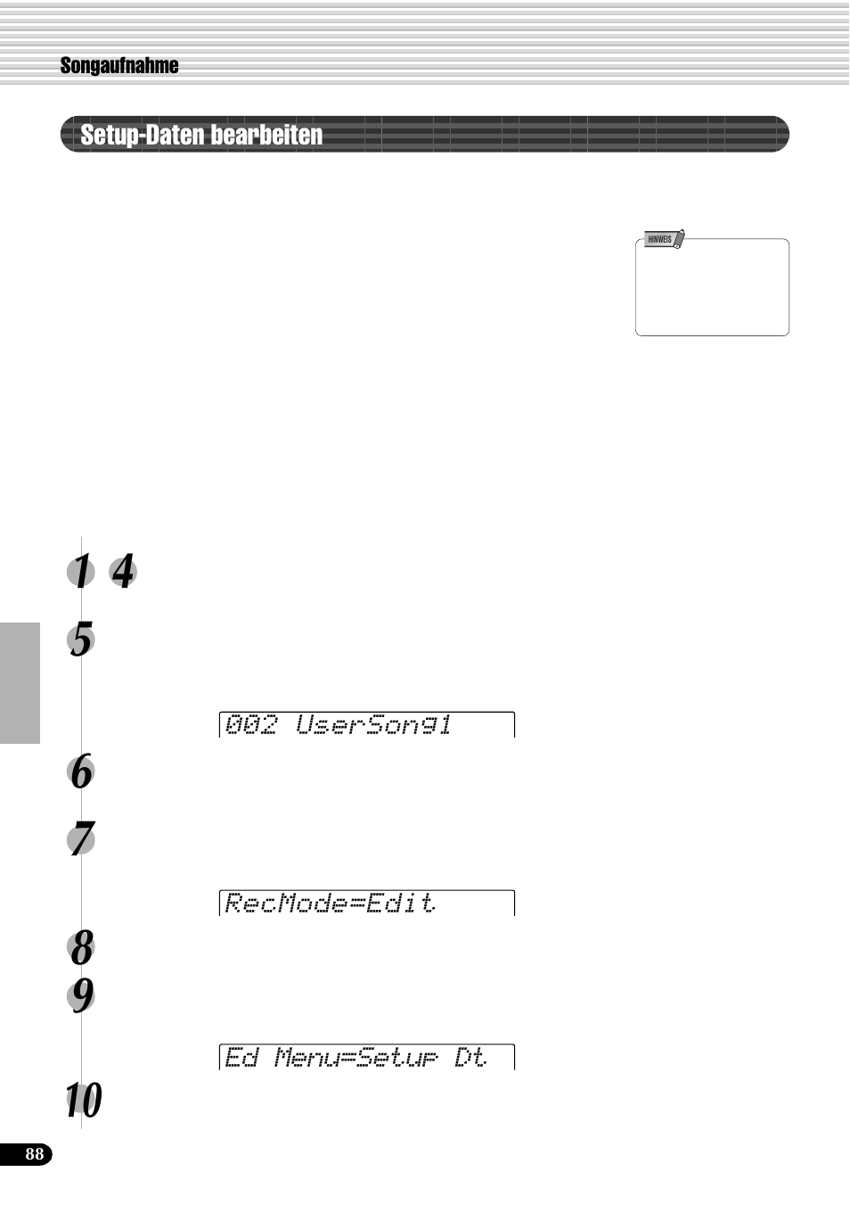 Setup-daten bearbeiten, 002 usersong1 recmode=edit ed menu=setup dt | Yamaha PSR-540 User Manual | Page 89 / 161