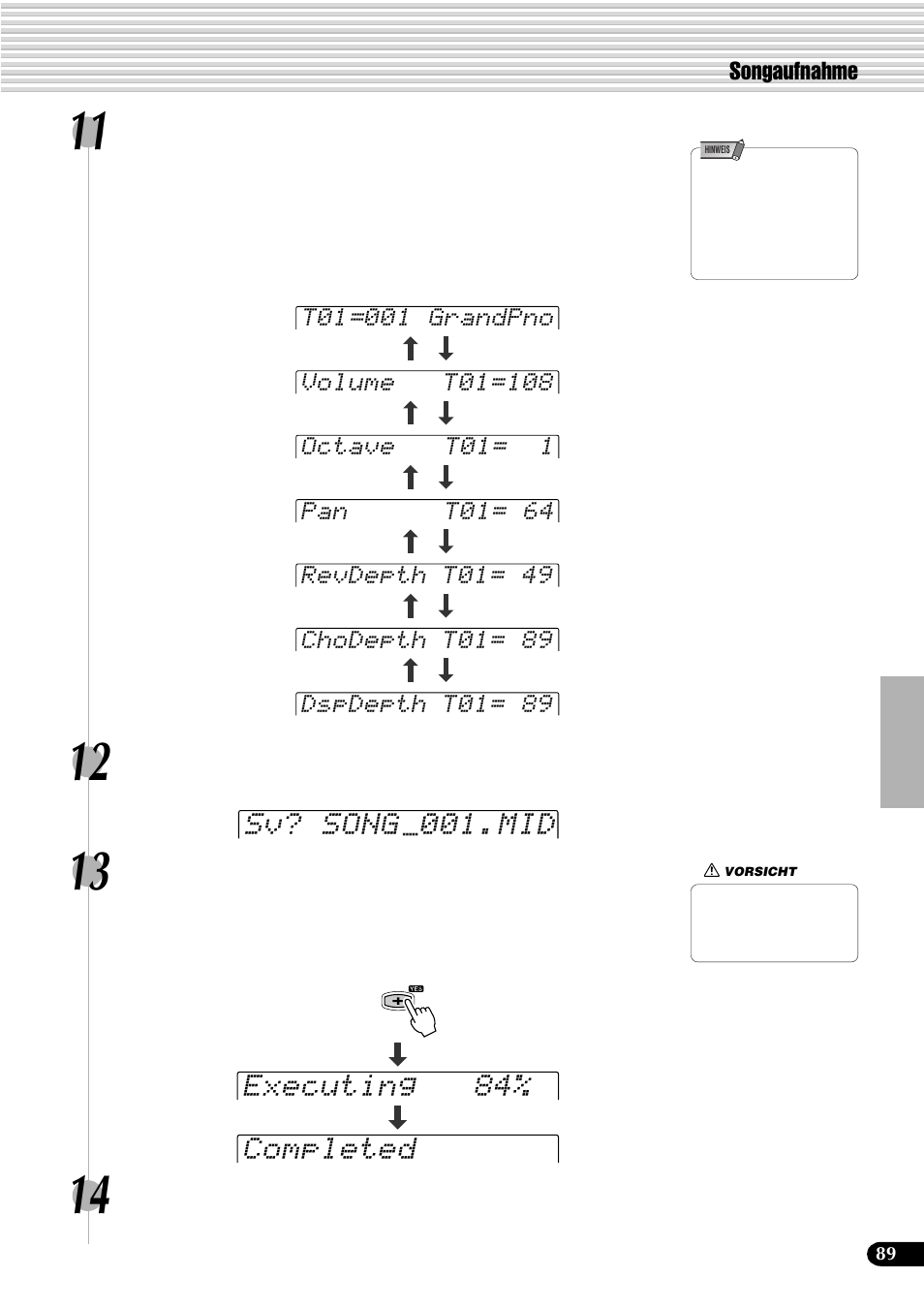 Sv? song 001.mid, Executing 84% completed, Songaufnahme | Yamaha PSR-540 User Manual | Page 90 / 161