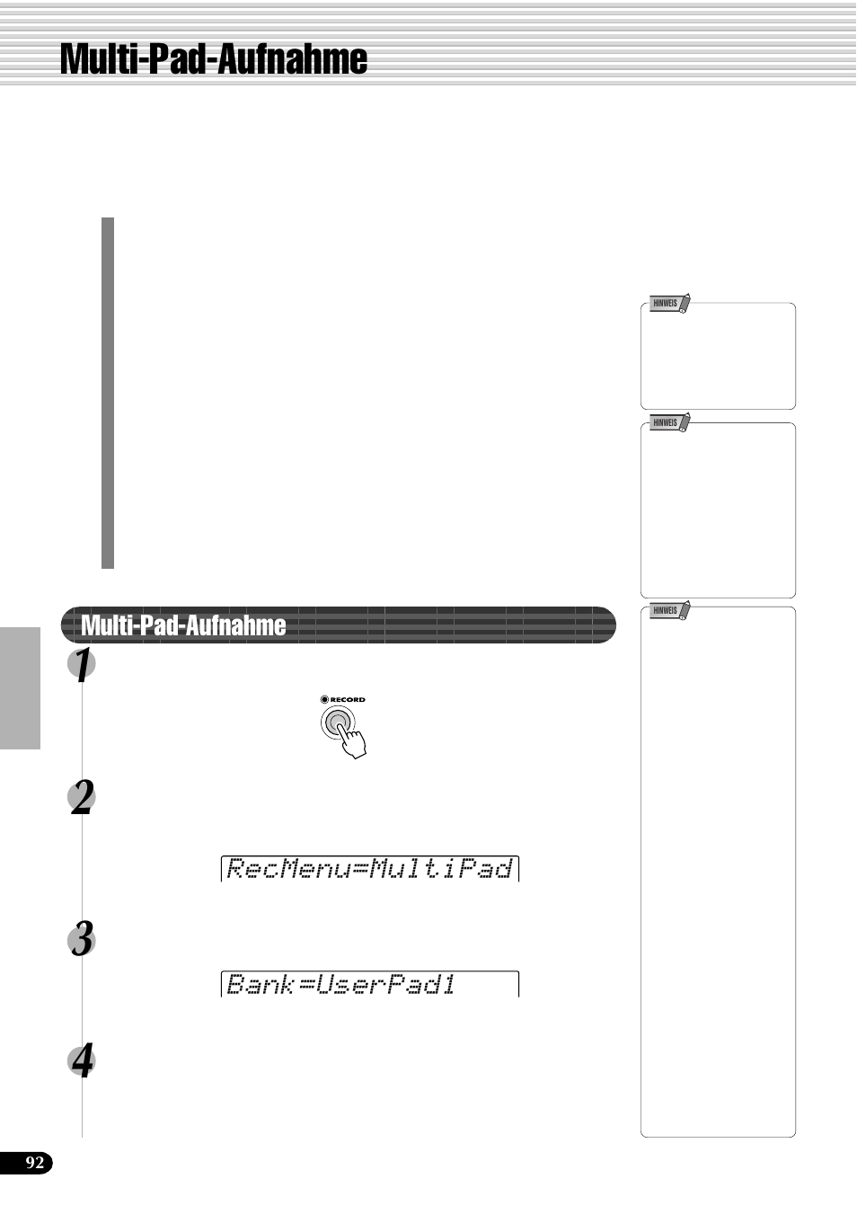 Multi-pad-aufnahme, Recmenu=multipad bank=userpad1 | Yamaha PSR-540 User Manual | Page 93 / 161