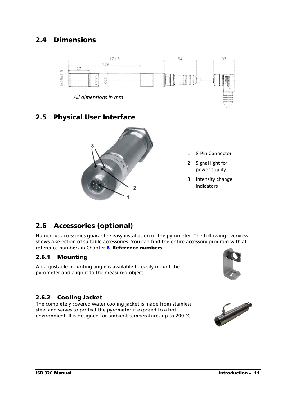 4 dimensions, 5 physical user interface, 6 accessories (optional) | 1 mounting, 2 cooling jacket | LumaSense Technologies ISR 320 User Manual | Page 11 / 46