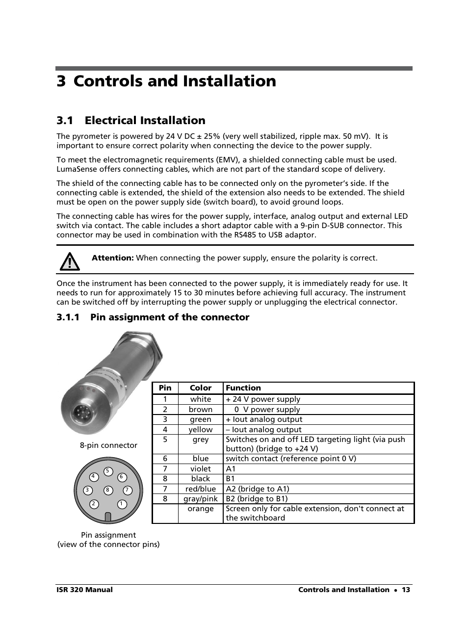 3 controls and installation, 1 electrical installation, 1 pin assignment of the connector | LumaSense Technologies ISR 320 User Manual | Page 13 / 46