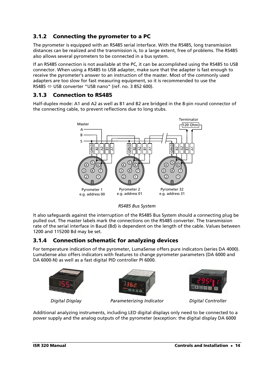 2 connecting the pyrometer to a pc, 3 connection to rs485, 4 connection schematic for analyzing devices | LumaSense Technologies ISR 320 User Manual | Page 14 / 46