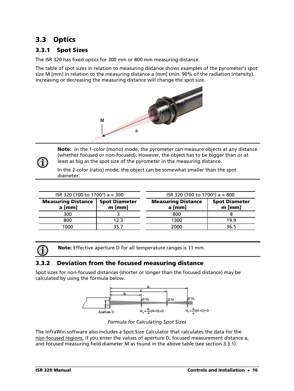 3 optics, 1 spot sizes, 2 deviation from the focused measuring distance | LumaSense Technologies ISR 320 User Manual | Page 16 / 46