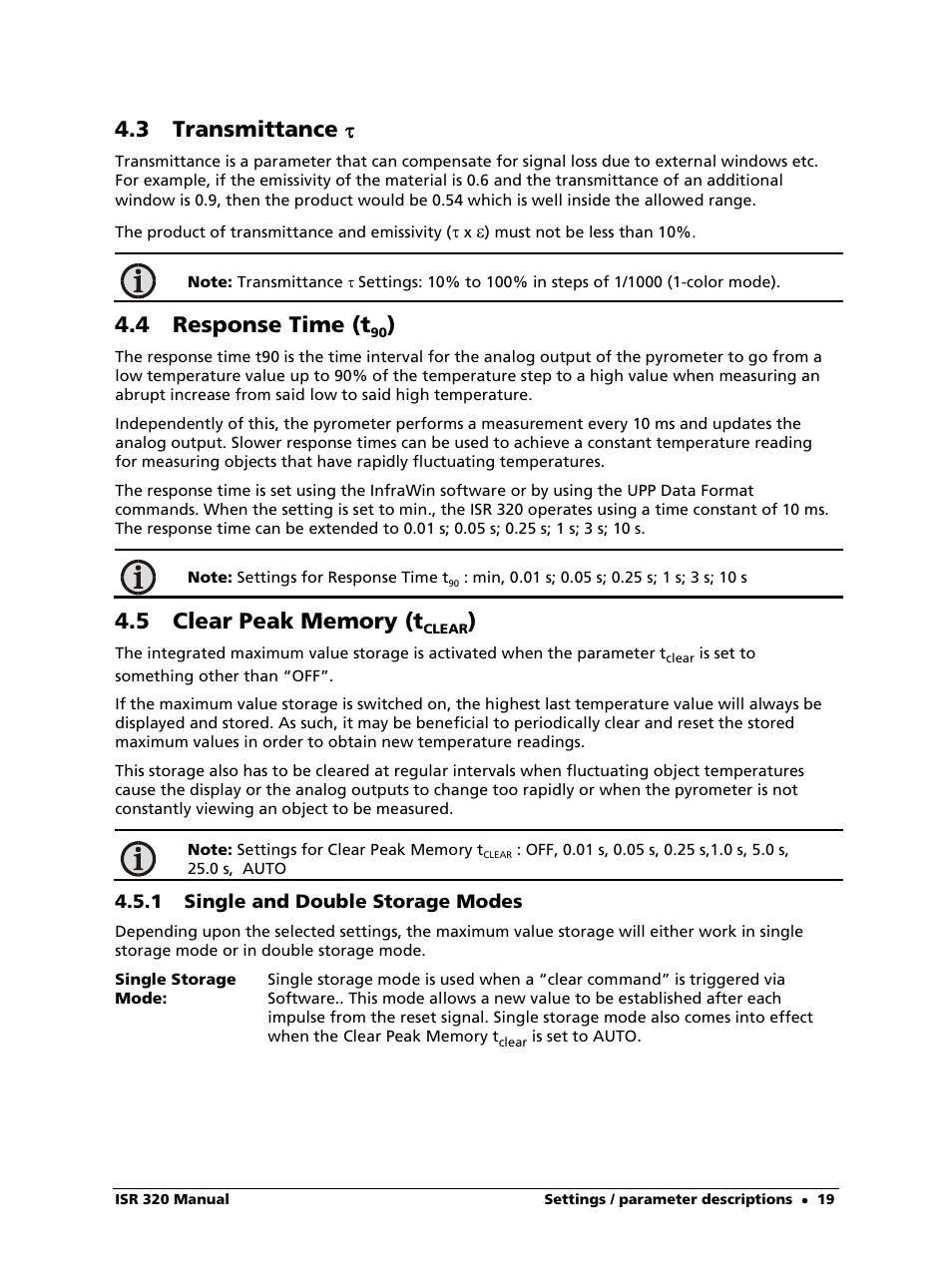 3 transmittance, 4 response time (t90), 5 clear peak memory (tclear) | 1 single and double storage modes, 4 response time (t | LumaSense Technologies ISR 320 User Manual | Page 19 / 46