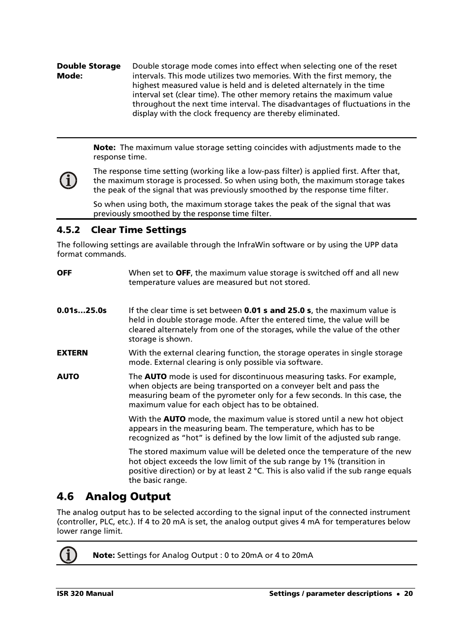 2 clear time settings, 6 analog output | LumaSense Technologies ISR 320 User Manual | Page 20 / 46